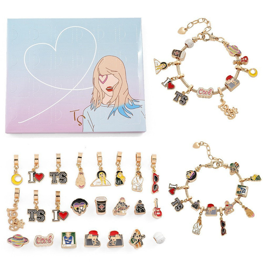 Swiftie-inspired advent calendar with 24 numbered doors, two charm bracelets and all 24 charms